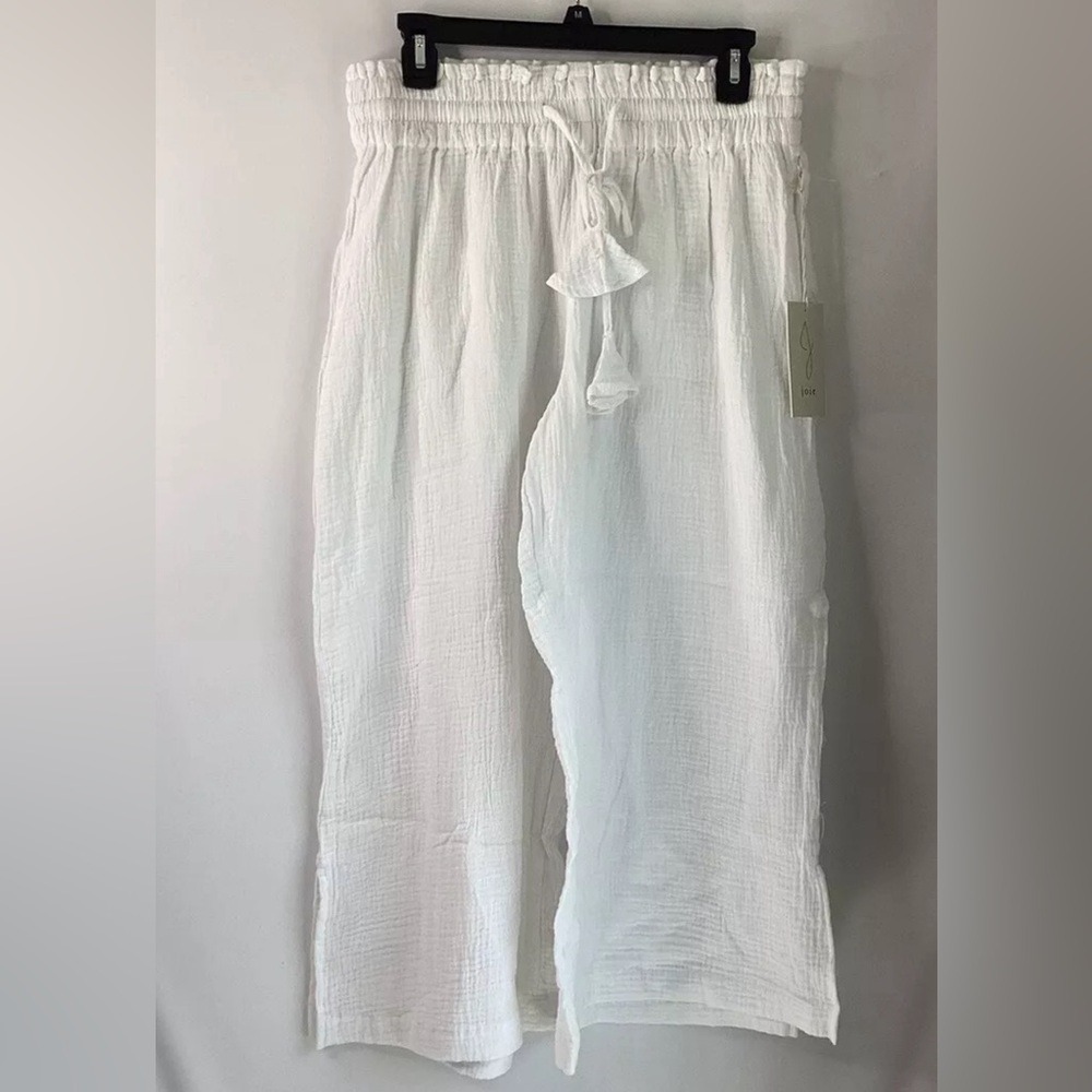 Joie White Gauze‎ Wide Leg Cropped Pants Elastic Waist Tassel Detail XL